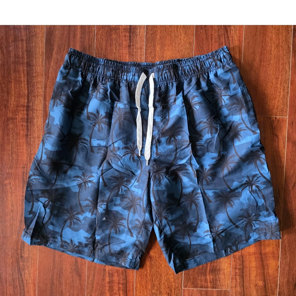 Youth Boy Blue Camo Palm Tree Swim Trunks Elastic Drawstring Board Shorts Size L
